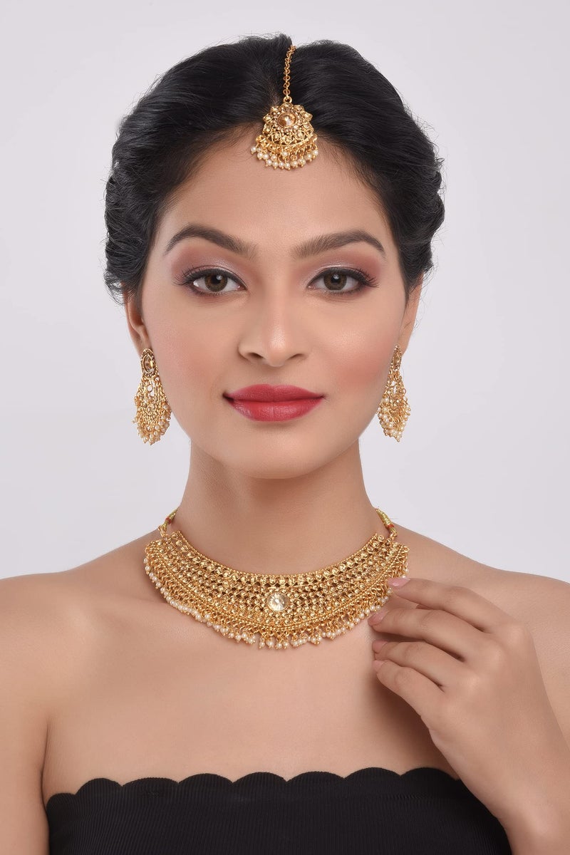 Efulgenz Indian Jewelry Sets for Women Bridal Jewelry Bollywood Traditional Crystal Faux Pearl Wedding Choker Necklace Earrings Maang Tikka Indian Wedding Jewelry - Image 3